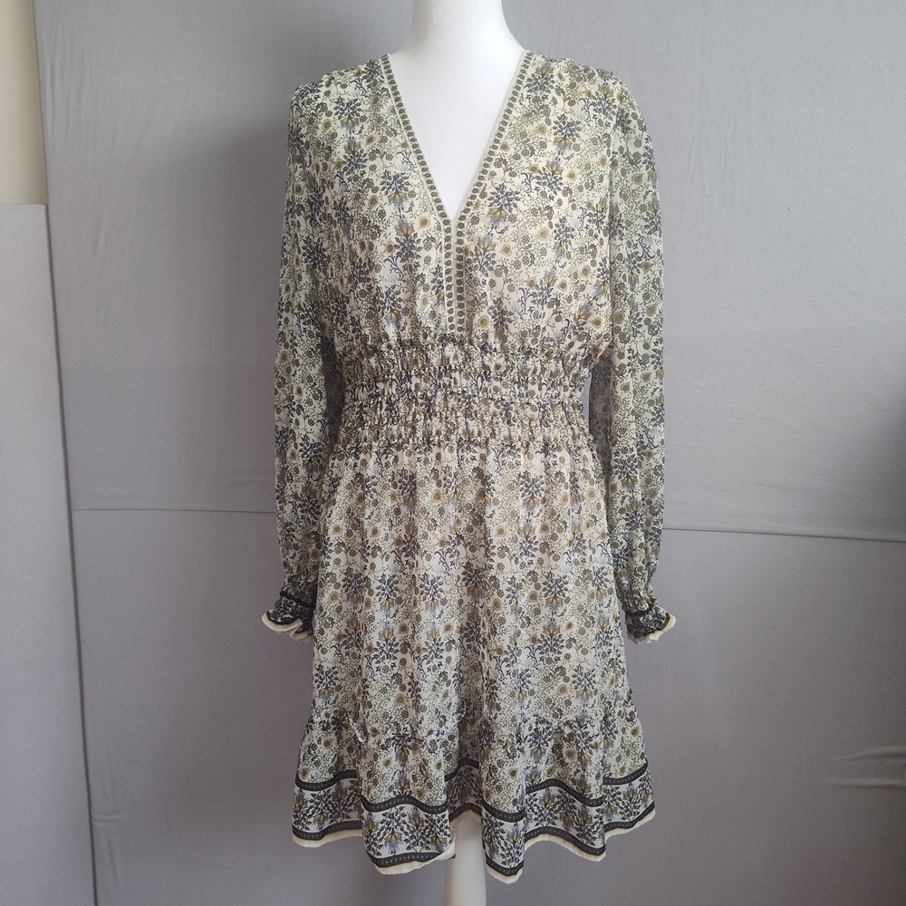 Max Studio XL Floral Paisley V-Neck Smocked Waist Long Sleeve Mini Dress Cream